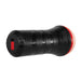 Black ergonomic stroker with soft pink entry and red accent ring, designed for easy grip and realistic feel.