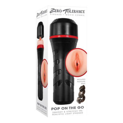 Packaging of Zero Tolerance Pop On the Go Stroker in black with red accents, featuring a realistic light-colored sleeve and included pleasure ring.