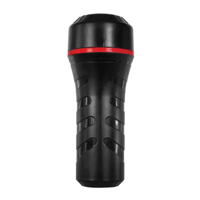 Black ergonomic handheld stroker with red accent and textured grip design on a white background.