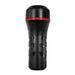 Black ergonomic handheld stroker with red accent and textured grip design on a white background.