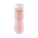 Pink soft silicone stroker with removable clear cap and squeezable outer case shown upright on white background.