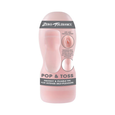 Zero Tolerance Pop & Toss Stroker in soft pink with squeezable canister and lifelike textured entry on packaging.