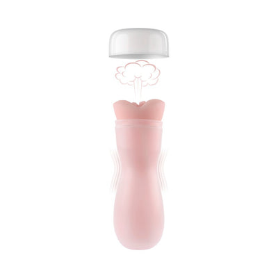 Pink soft stroker with removable white cap and squeezable canister for adjustable pressure.