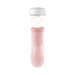 Pink soft stroker with removable white cap and squeezable canister for adjustable pressure.