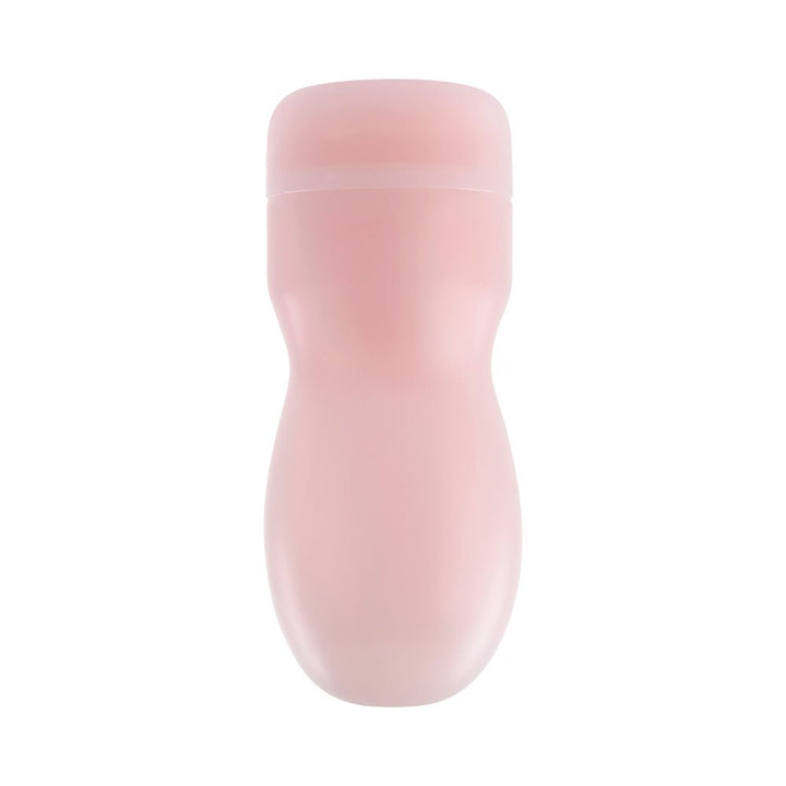 Soft pink squeezable stroker with protective cap for discreet storage and easy cleaning.