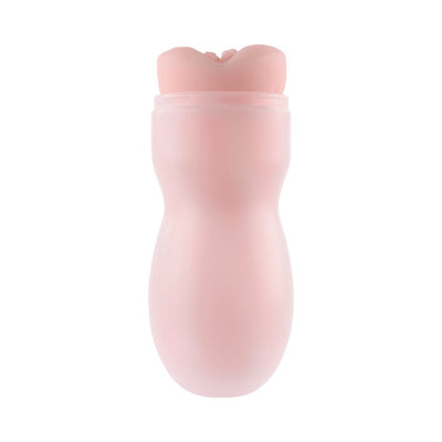 Pink soft stroker with lifelike textured entry and squeezable canister for enhanced grip and pressure control.
