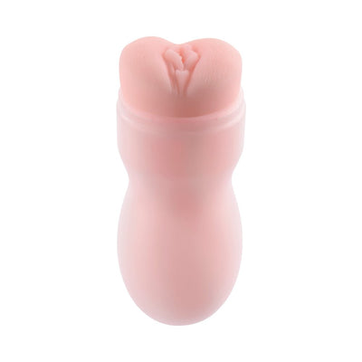 Pink soft stroker with lifelike textured entry and squeezable canister for enhanced grip and pressure control.