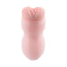 Pink soft stroker with lifelike textured entry and squeezable canister for enhanced grip and pressure control.