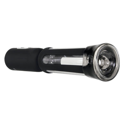 Black and clear rechargeable suction penis pump with a see-through chamber and soft entry sleeve.