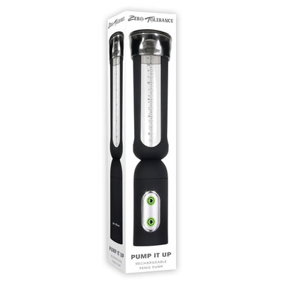 Zero Tolerance Pump It Up rechargeable black suction penis pump with clear measurement chamber in packaging box.