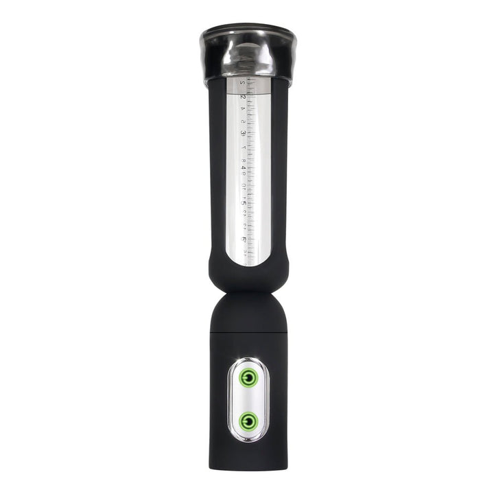 Black rechargeable suction pump with clear measurement chamber and soft entry sleeve for precise progress tracking.