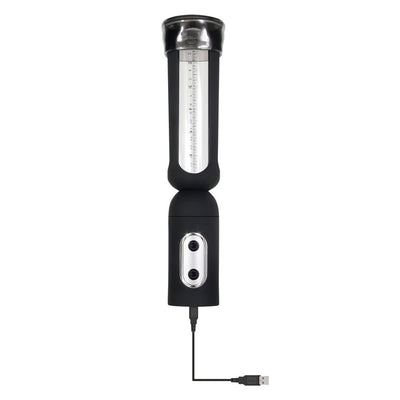 Black rechargeable suction pump with clear measurement chamber and USB charging cable attached.
