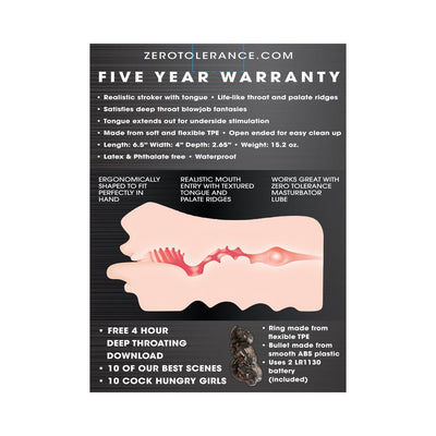 Diagram of Zero Tolerance Real Mouth Stroker showing internal texture and features with product details and warranty info.