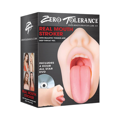 Packaging of Zero Tolerance Real Mouth Stroker featuring a lifelike mouth design and included 4-hour DVD.