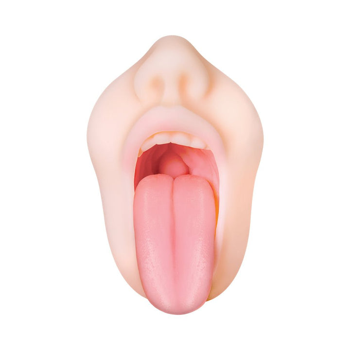 Realistic mouth stroker with detailed lips and tongue in soft, flexible material for enhanced pleasure.