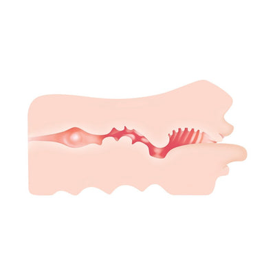 Cross-section illustration of a soft, textured stroker sleeve showing internal ribs and beads for enhanced stimulation.