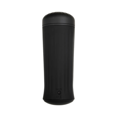 Black cylindrical vibrating and tightening stroker with a smooth matte finish and rounded cap top.