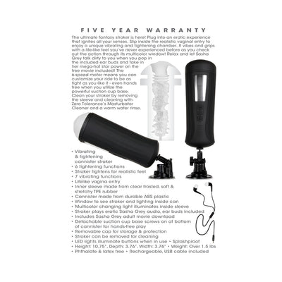 Black vibrating and tightening stroker with clear inner sleeve, suction cup base, control buttons, and included earbuds.
