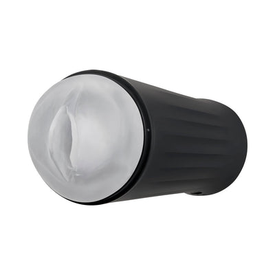 Black cylindrical vibrating and tightening stroker with a soft, frosted vaginal entry sleeve.