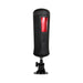 Black vibrating and tightening stroker with red window and suction cup base for hands-free use.