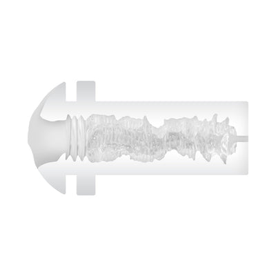 Cross-section view of a clear textured stroker sleeve inside a white cylindrical casing.