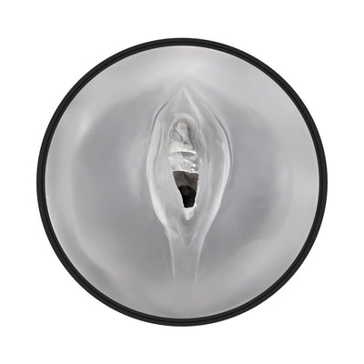 Close-up top view of a frosted, soft silicone stroker sleeve with a realistic vaginal opening.