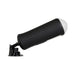 Black cylindrical vibrating and tightening stroker with suction cup base angled for hands-free use on white background