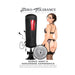 Zero Tolerance Sasha Grey vibrating and tightening stroker with suction base, earbuds, and realistic inner sleeve shown with model in lingerie.