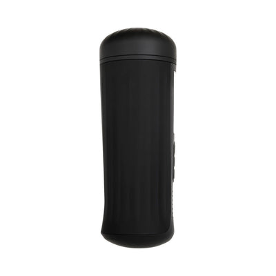Black cylindrical vibrating and tightening stroker with smooth matte finish and rounded ends.