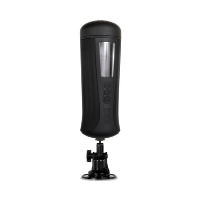 Black cylindrical vibrating and tightening stroker with clear window and suction cup base for hands-free use.