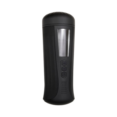 Black cylindrical vibrating and tightening stroker with clear window and control buttons on the front panel.