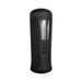 Black cylindrical vibrating and tightening stroker with clear window and control buttons on the front panel.
