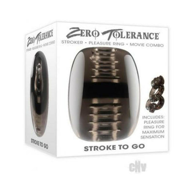 Packaging box of Zero Tolerance Stroke To Go open-ended stroker with pleasure ring included for enhanced sensation.