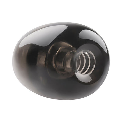 Black glossy silicone open-ended stroker with spiral-textured inner channel and tightening ring visible at the opening.