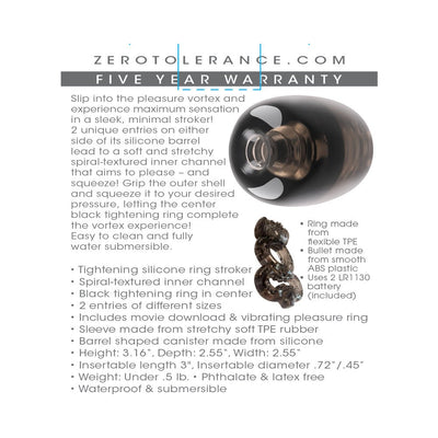 Black barrel-shaped silicone stroker with dual openings and a central tightening ring, shown with spiral-textured inner sleeve.