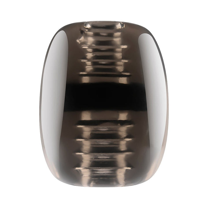 Compact black translucent silicone stroker with spiral-textured inner channel and open-ended design.