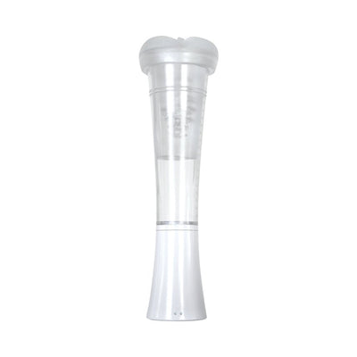 Clear vacuum pump with white base and soft silicone sleeve designed for customizable suction and vibration pleasure.