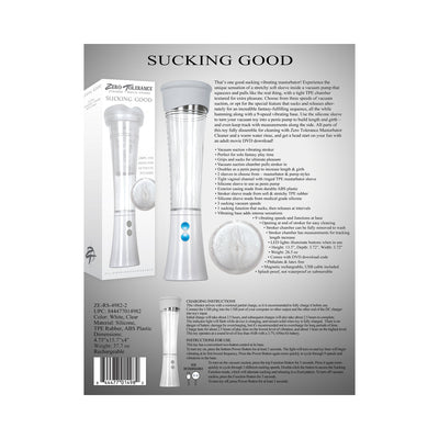 Clear and white vacuum suction stroker with vibrating base, shown with packaging and detailed product information on a gray background.