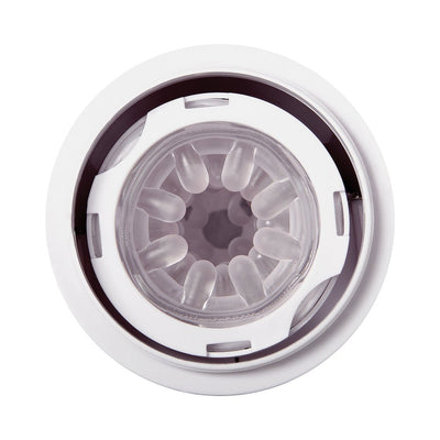Top-down view of the Zero Tolerance Thrusting Rechargeable Stroker showing the soft, textured inner sleeve and white outer casing.