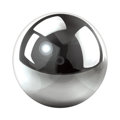 Top view of a sleek, reflective silver and black spherical rechargeable stroker device with a central button.