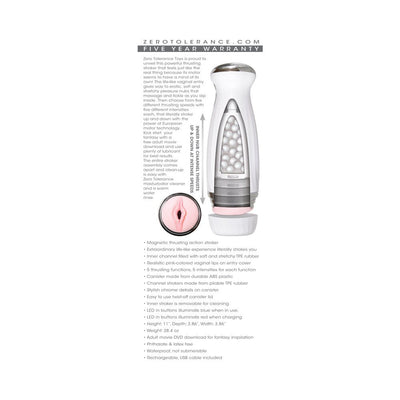 Zero Tolerance Thrusting Rechargeable Stroker with realistic pink vaginal entry and textured inner channel shown with product features and dimensions.