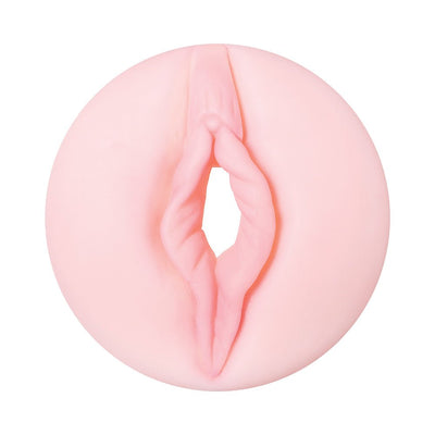 Close-up of the soft, pink TPE vaginal entry sleeve for the Zero Tolerance Thrusting Rechargeable Stroker.