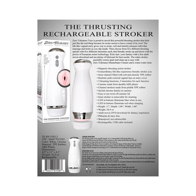 Packaging image of Zero Tolerance Thrusting Rechargeable Stroker showing the white device with chrome accents and realistic pink vaginal entry detail.