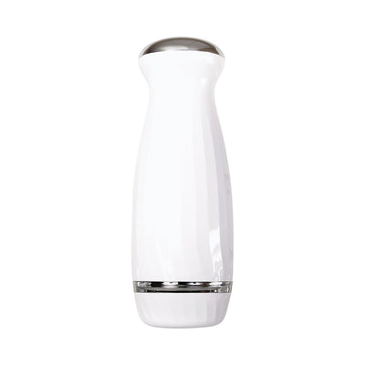 Sleek white rechargeable thrusting stroker with chrome accents and ergonomic design.
