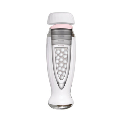 Cutaway view of the Zero Tolerance Thrusting Rechargeable Stroker showing internal textured chamber and outer white casing with removable cap.