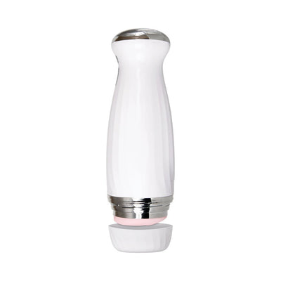 White and silver rechargeable thrusting stroker with a sleek ergonomic design and removable cap on a white background.