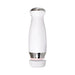 White and silver rechargeable thrusting stroker with a sleek ergonomic design and removable cap on a white background.