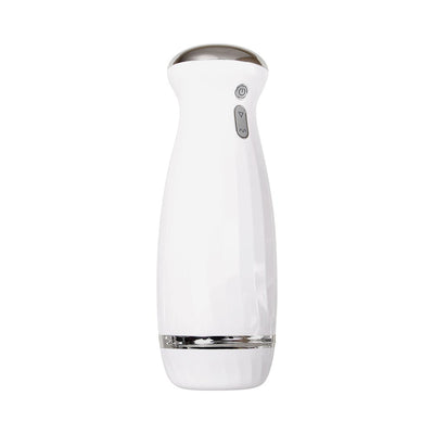 Sleek white rechargeable thrusting stroker with chrome accents and LED control buttons on the side.