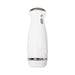 Sleek white rechargeable thrusting stroker with chrome accents and LED control buttons on the side.