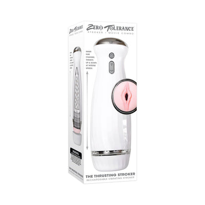 Packaging of Zero Tolerance Thrusting Rechargeable Stroker showing the white device with control buttons and a close-up of the soft pink inner nub channel.